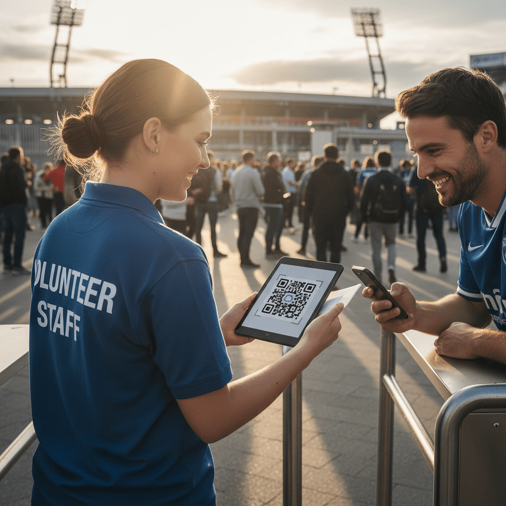 Mobile QR code scanning at stadium entrance