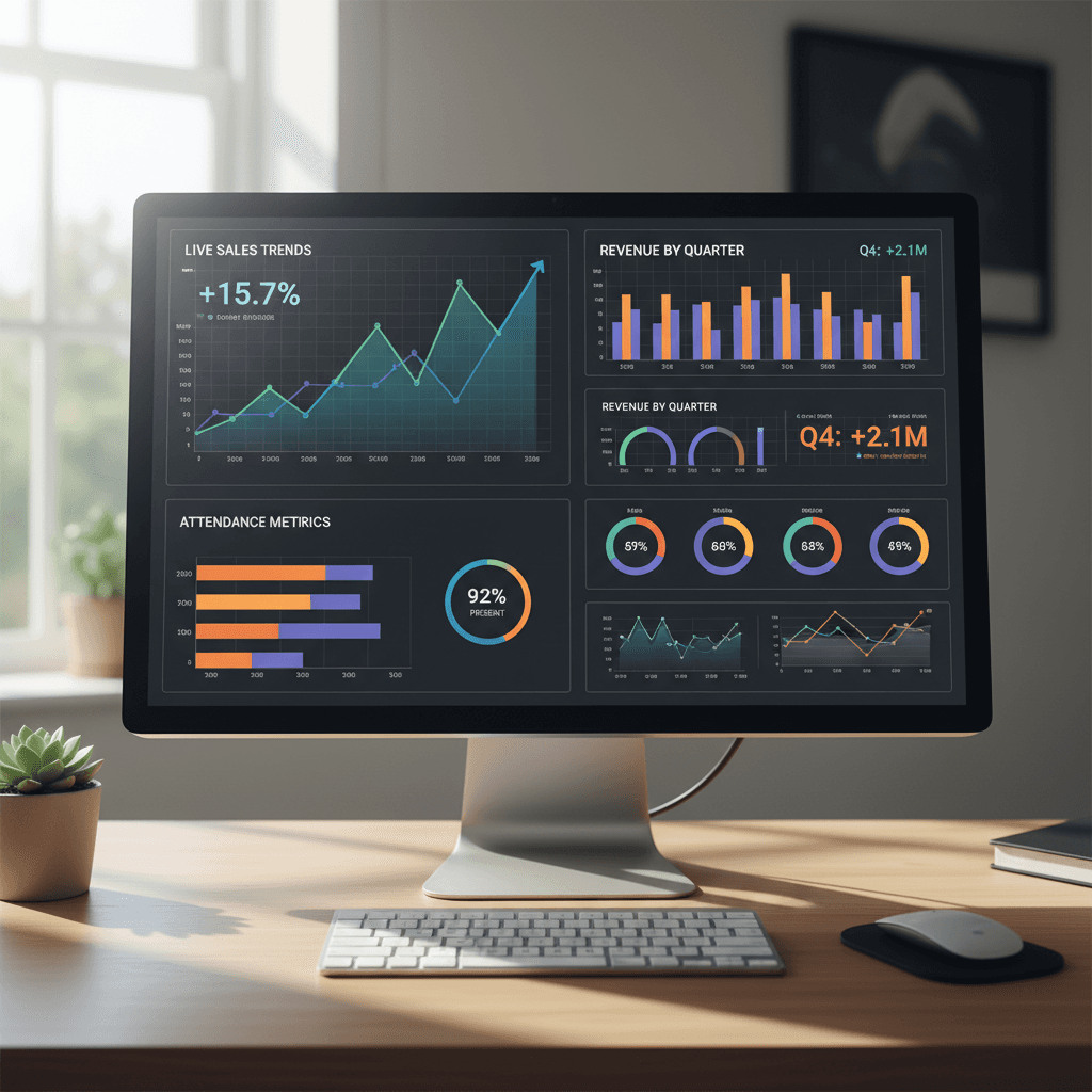 Real-time analytics dashboard showing sales and attendance data