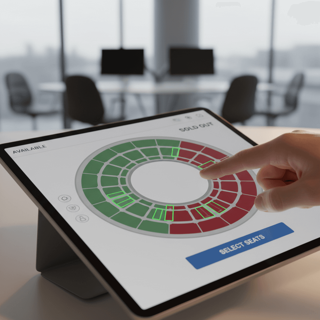 Stadium seating map interface showing reserved and available seats