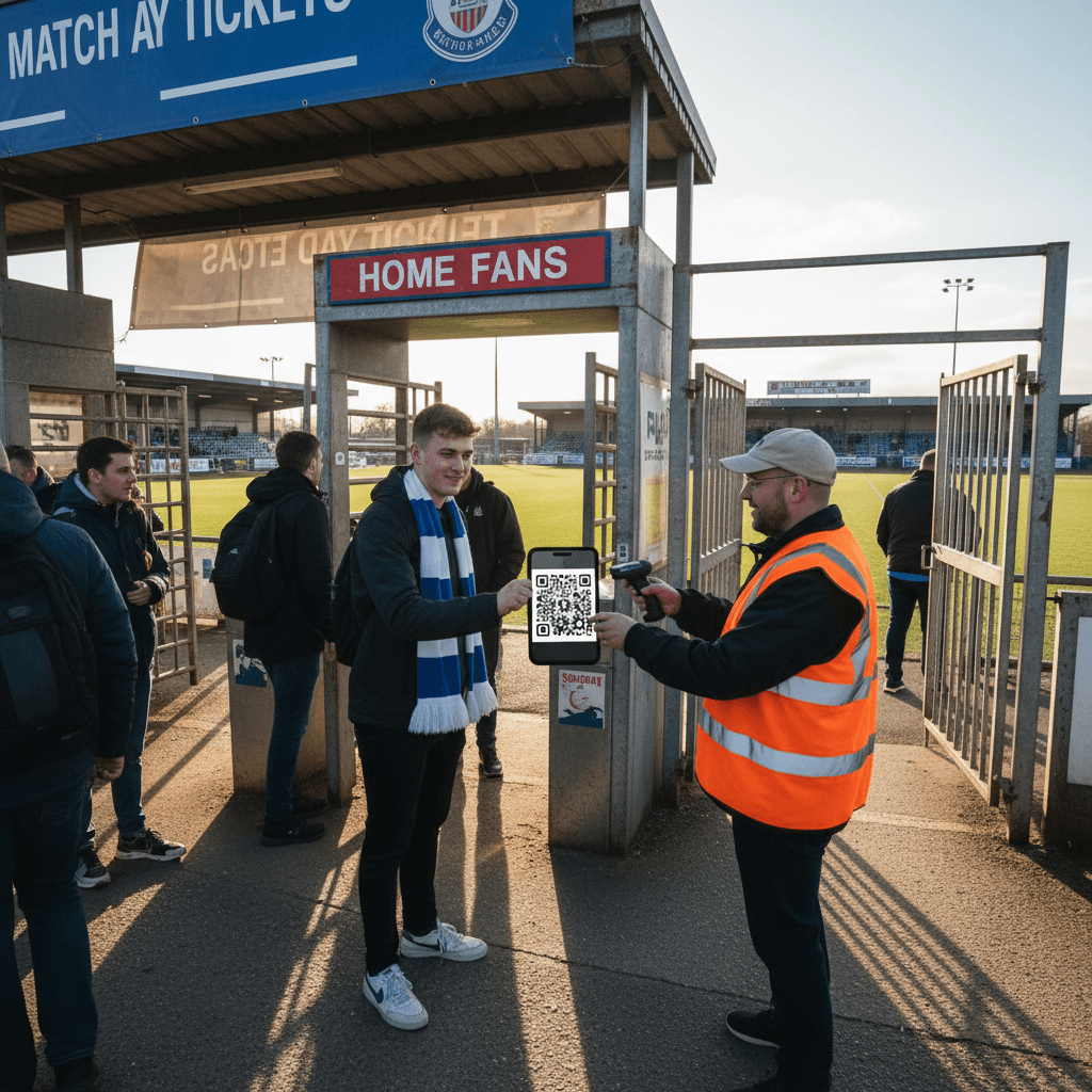 Non-league football fans scanning mobile QR code tickets at stadium entrance