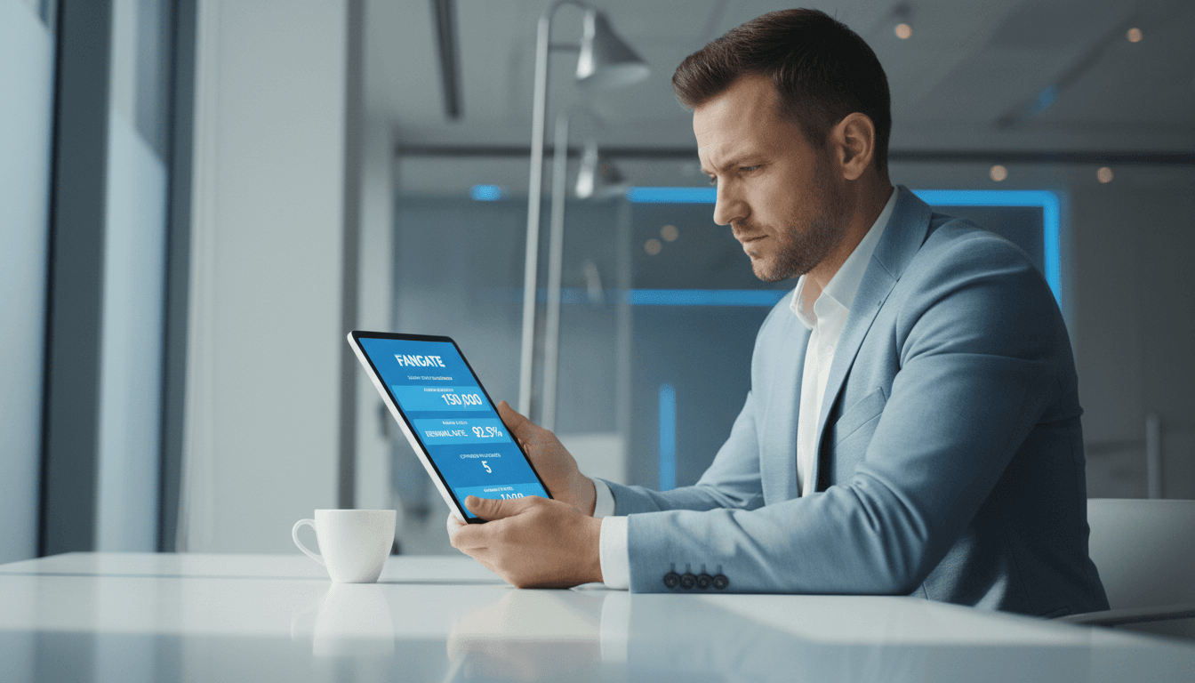 Club director reviewing season ticket dashboard on tablet with FANGATE metrics and analytics